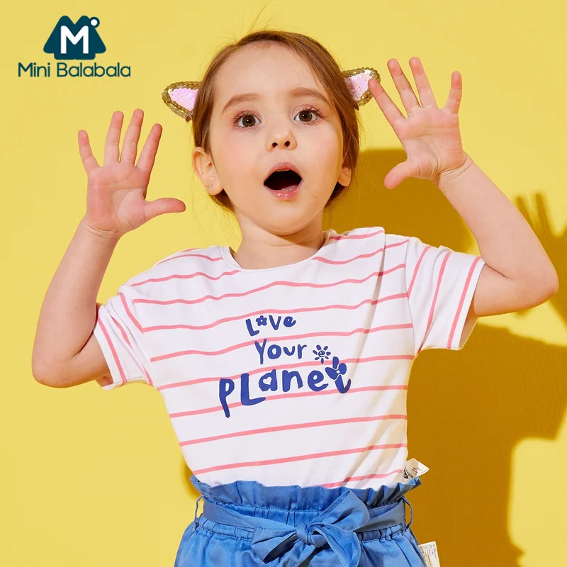 

Mini Balabala Girls t shirt 100% Soft Cotton Striped Short-sleeved T-shirt Print Children Kid Ribbed Crewneck T shirt Tee Top