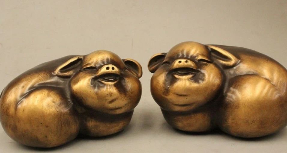 

5" China Chinese Folk Feng Shui Bronze Fu Zodiac Year Pig Statue Sculpture Pair