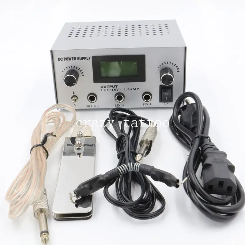 Crazy Tattoo Power Supply NEW Silver Dual Digital LCD Tattoo Power Supply Unit Set with Plug Clip Cord Foot Pedal Free shipping