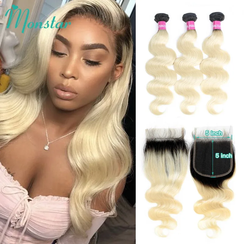 

Monstar 1B 613 Blonde Ombre Bundles Brazilian Weave with 5x5 Closure 2/3/4 Bundles 8 - 28 Inch Remy Body Wave Hair with Closure