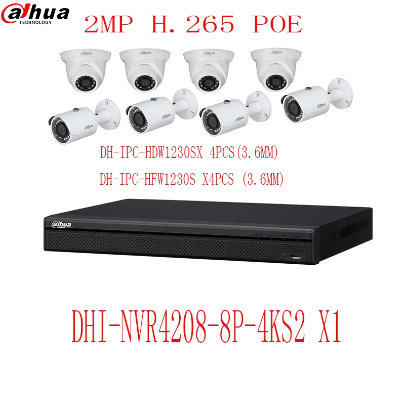 

dahua 8poe camera security system 1080p network video recorder kit NVR4208-8P-4KS2 8ch 8poe H.265 and 8PCS 2MP ip camera