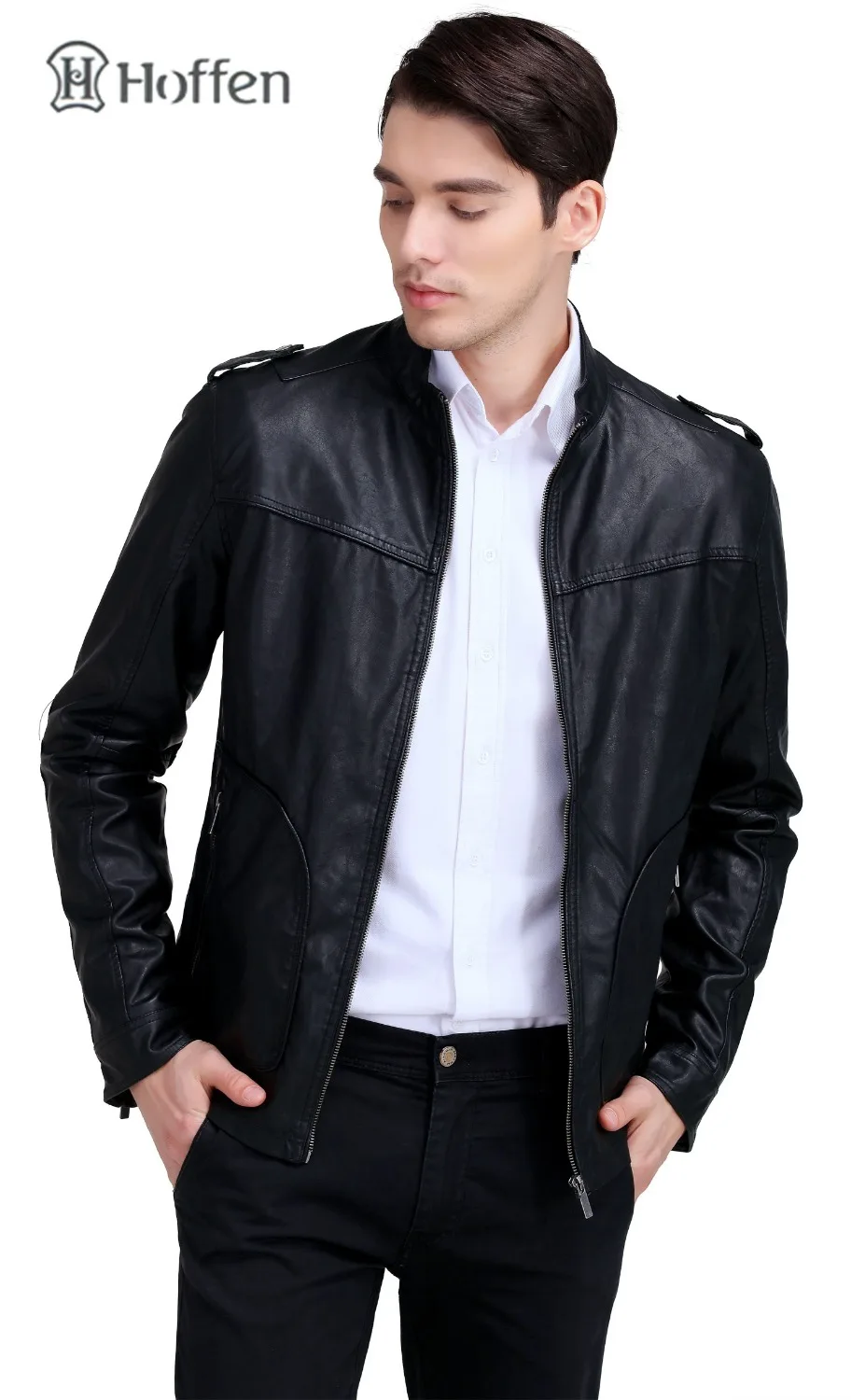 Hoffen Fashion Design Mens PU Leather Jackets Stand Collar Slim Fit
