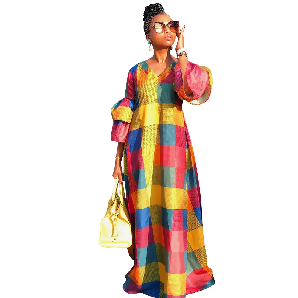 

women 2019 winter v-neck lantern sleeve colorful plaid loose maxi long dress sexy fashion vintage floor length dresses YT3077