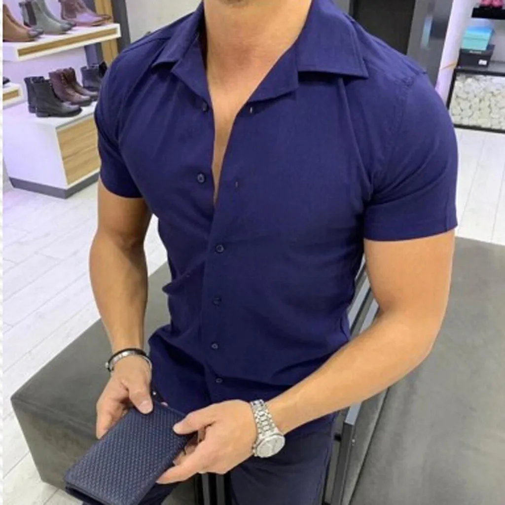 Womail New Arrival Men Fashion Casual short shirts Men Pure Color Button Splicing Pattern Casual Lapel Short Sleeve Shirt