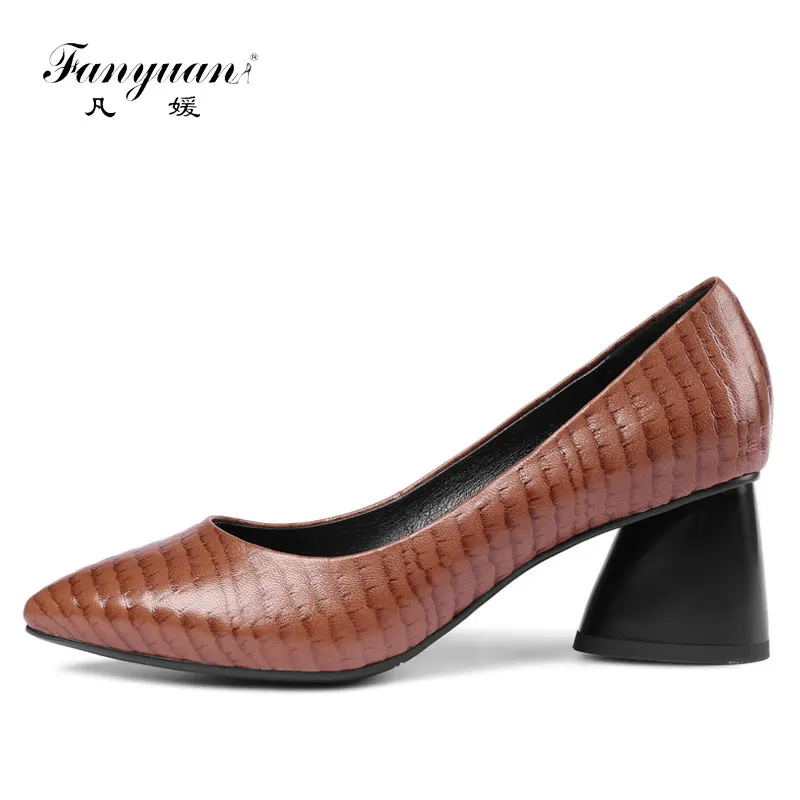 

Fanyuan 2018 Spring Women Pumps Genuine Leather Sheepskin Slip On Square High Heels Pointed Toe Ladies Wedding Shoes Size 33-43
