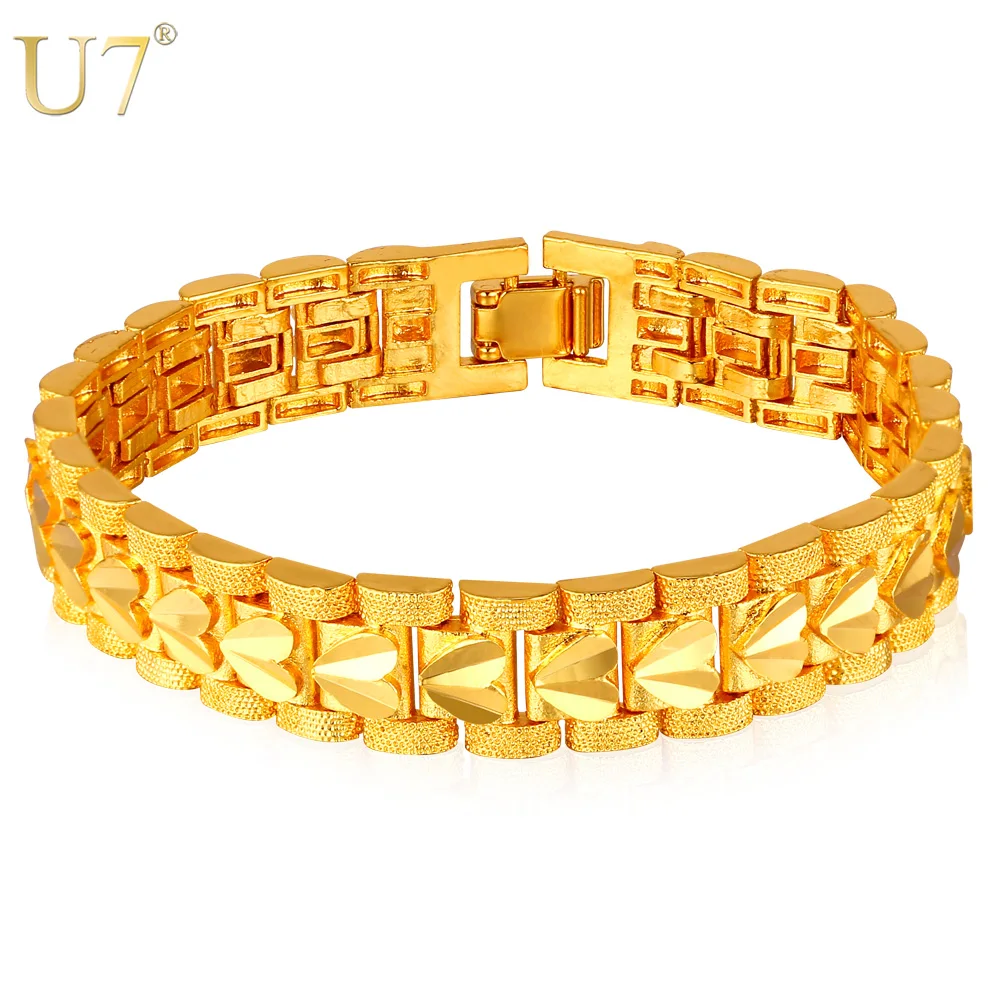 

U7 Sale Heart Bracelet Gold Color Love Jewelry 21cm 12MM Bangles & Bracelets For Men/Women Gift H778