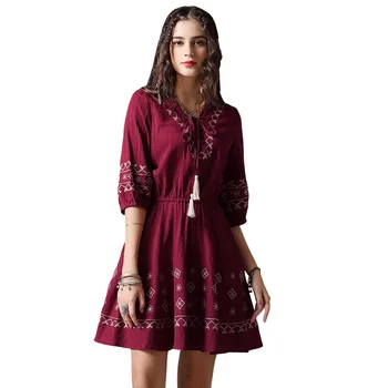 

Summer Tassel Dress 2018 Boho New Cotton Vestidos V-Neck Half Sleeve Vintage Embroidery A-line Red Dresses Female A82107