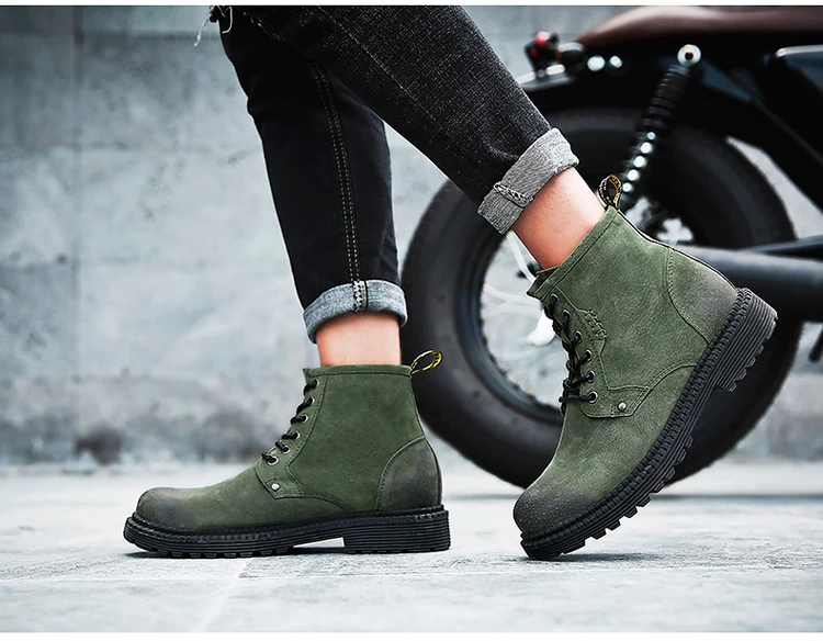 Genuine leather Motorcycle Boots Men Lace-Up Winter Shoes Warm Plush Comfort Footwear Cow suede Leather Mens Boots Casual