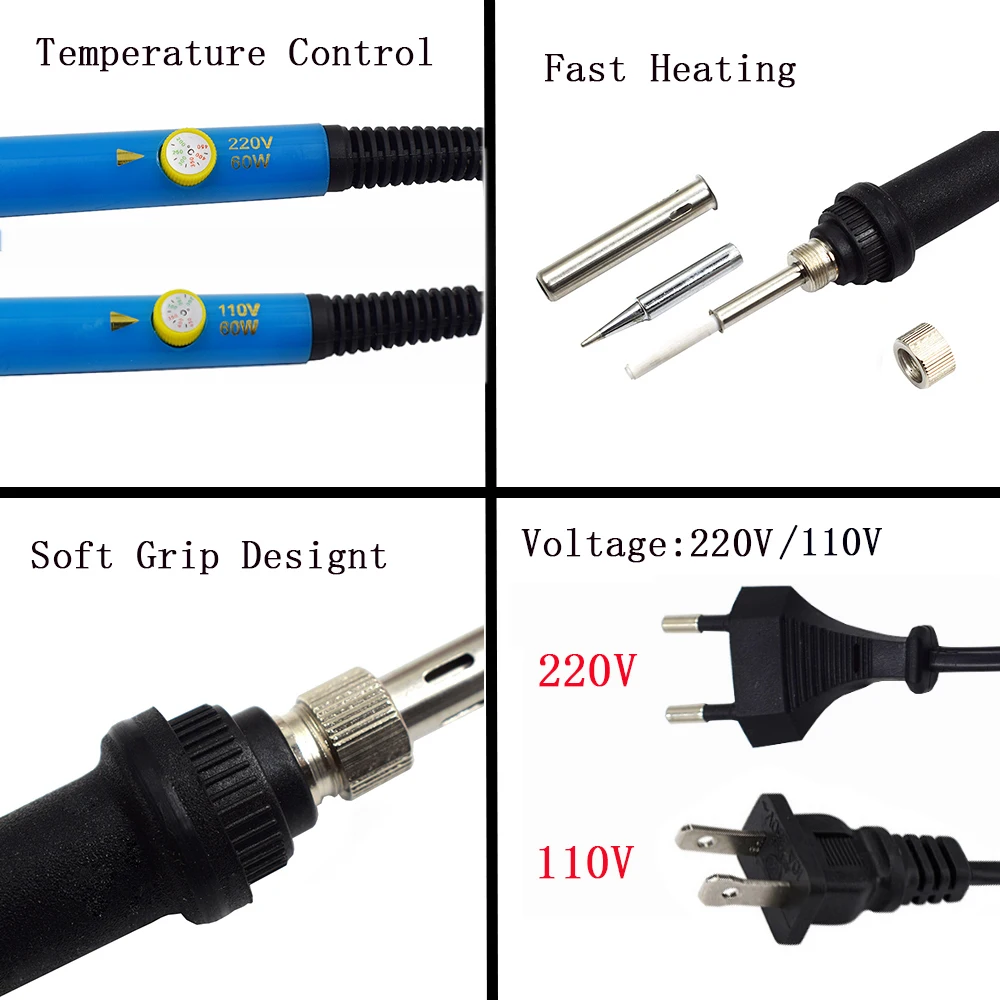 Электрический паяльник с регулируемой температурой, 220 В/110 В, 60 Вт, штепсельная вилка стандарта ЕС/США+ 5 шт. наконечников, инструмент для ремонта сварки, пинцет, нож для хобби