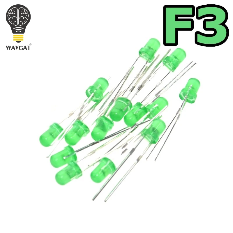 WAVGAT Green F3 3 мм светодиодный зеленый светодиод светоизлучающий с поворотом 570-575NM 1000