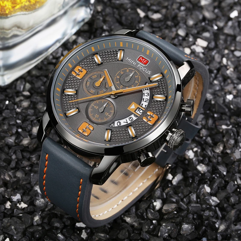  MINI FOCUS Men's Quartz Watches Waterproof Leather Strap Army Military Sports Wristwatch Man Relogi