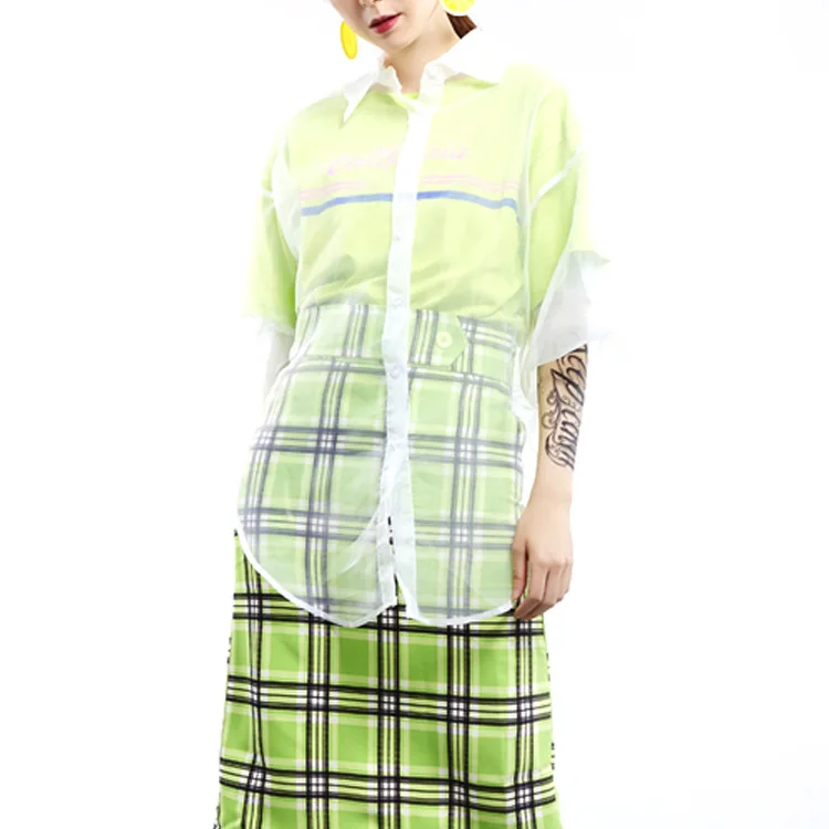 

Women Summer 2 Piece Set French Organza Perspective Sexy Long Sleeve Shirt Female Print Harajuku Short Sleeve T Shirt Chic Tops