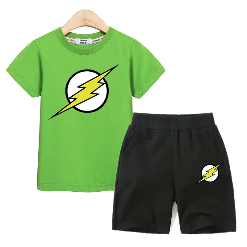 Модный символ молнии; Одежда для мальчиков; модные футболки; короткие штаны; комплект из 2 предметов; одежда для вспышки; детские летние костюмы; Детские костюмы - Цвет: Черный