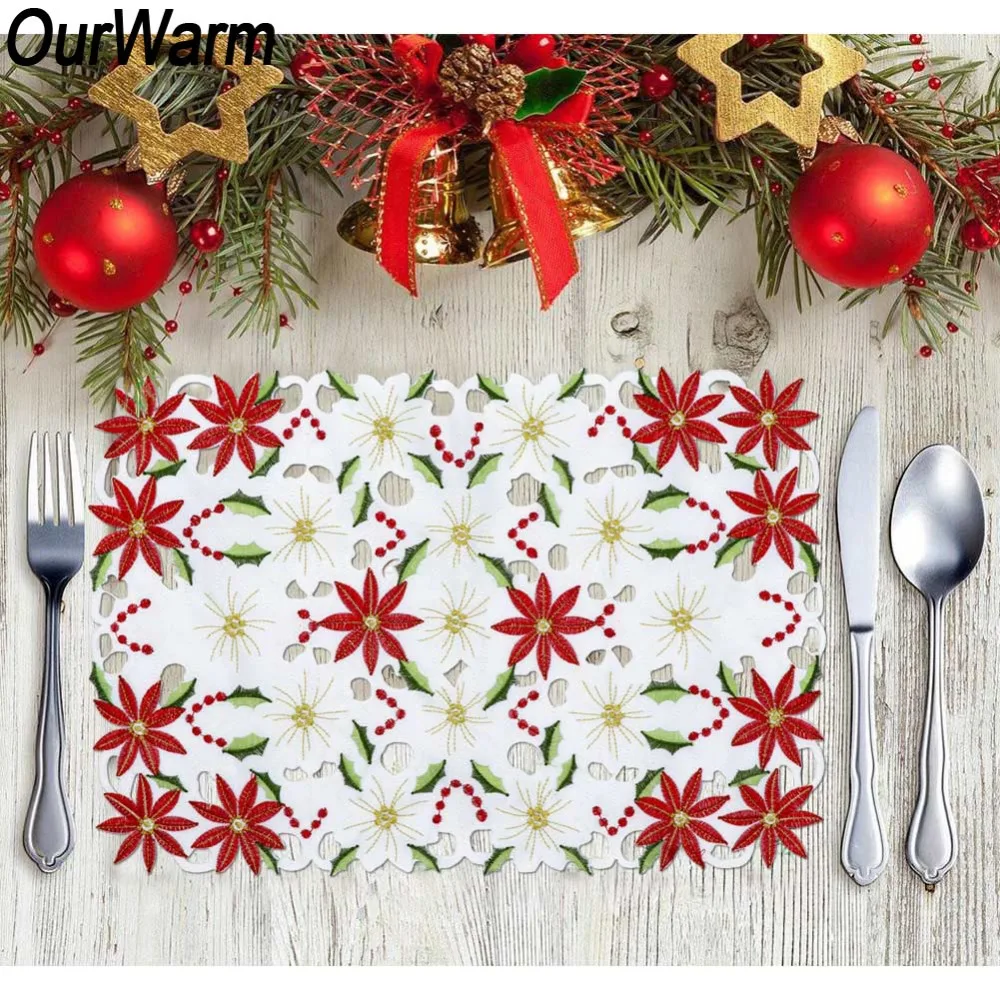 

OurWarm 2pcs Christmas Dining Table Placemat for Table Poinsettia Embroidered Placemats Merry Christmas Decorations for Home