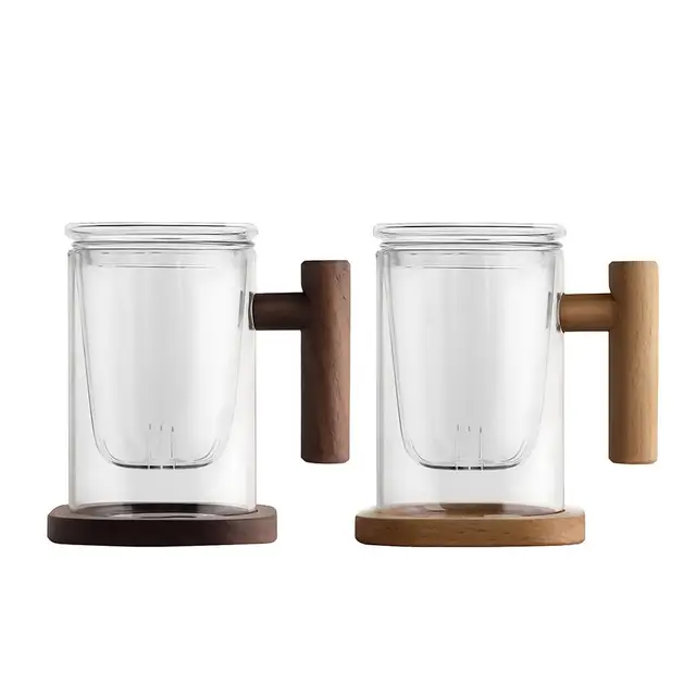 Special Offers 400ml Wooden Handle Double Wall Borosilicate Glass Tea Cup With Filter Heat-resistant Transparent Tea Flower Coffee Cup