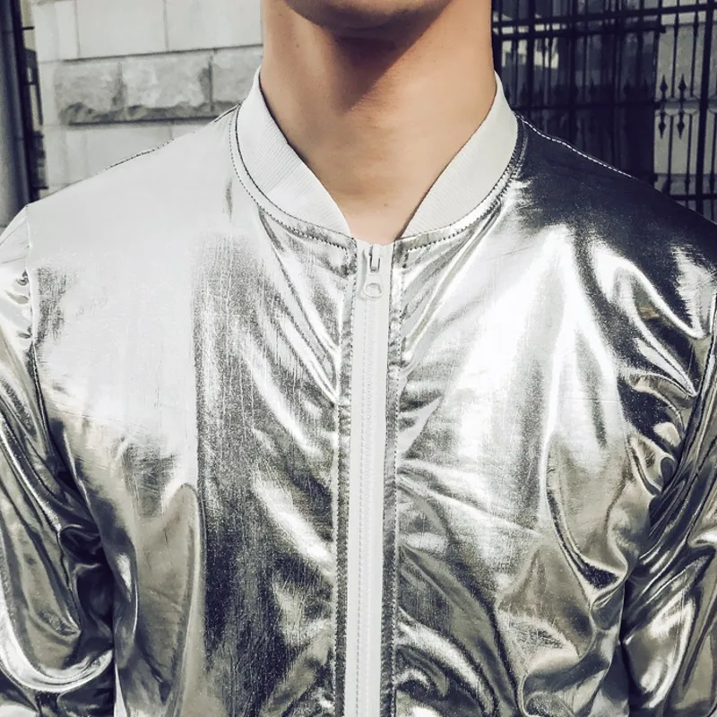 Deals Silver Bright Bomber Jacket Men Cool Slimming Fashion Jacket Male Hip Hop Night Club Stage Singer Fancy Streetwear Coat 5XL