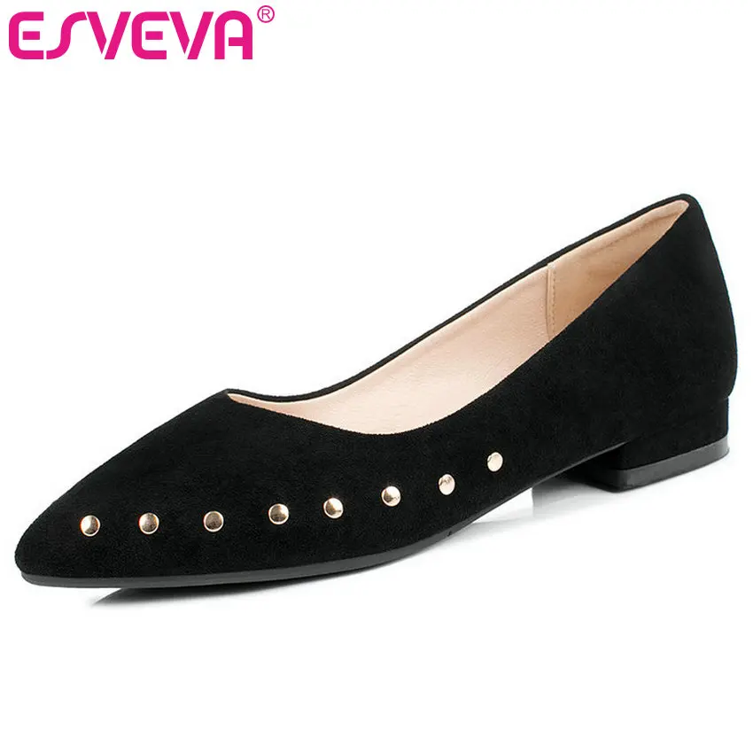

ESVEVA 2019 Woman Rivet Slip On Square Low Heel Flock Pointed Toe Shallow Basic Single Shoes All Match Shoes Size 34-43