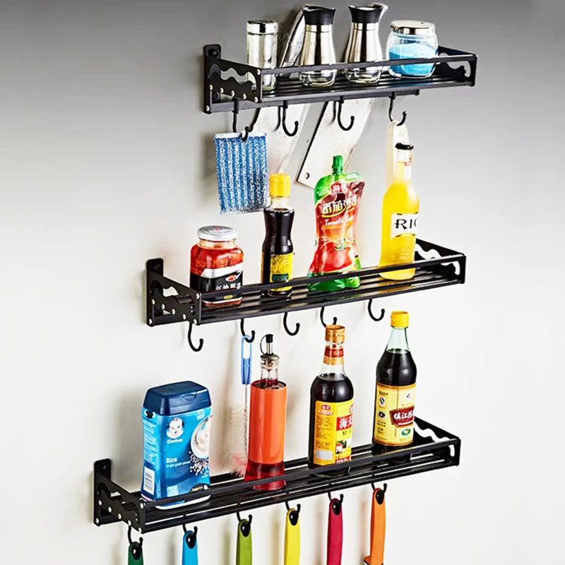 Black Space Aluminum Bathroom Shelves With Hooks Wall Mounted Kitchen Shelf Storage Rack Hook Bathroom Accessories F Bathroom Shelves Aliexpress