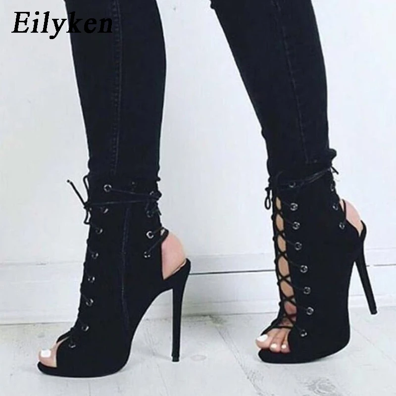 

Eilyken Flock Womens Sandals Ladies Open Toe High Heels Fashion Autumn Sandals Boots Peep Toe Cross-tied Women Size 35-40