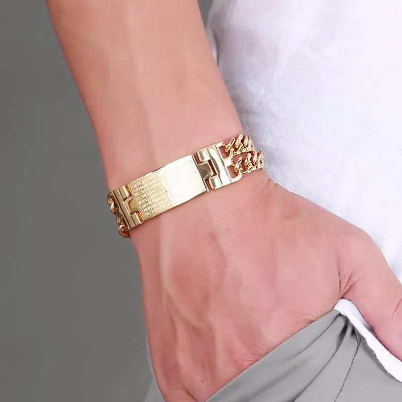 

Men's Bible Prayer Cross ID Tag Bracelet Golden Stainless Steel Two String Miami Cuban Link Bold and Chunky Male Jewelry 8.3"