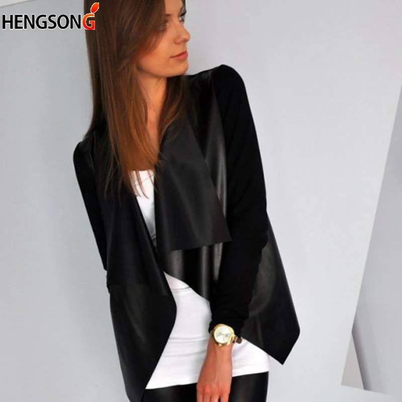 Faux Leather Jacket Women's Cardigan Female Black Fashion Patchwork Long Sleeve Casual Female Leather Coat For Women