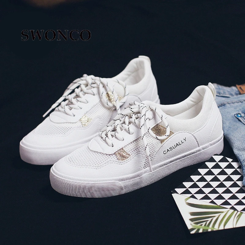 SWONCO Women's Flats Shoes 2018 Summer Breathable Mesh White Shoe Female Sneakers Casual Shoes Women Leather Fashion Woman Shoe SWONCO Women's Flats Shoes 2018 Summer Breathable Mesh White Shoe Female Sneakers Casual Shoes Women Leather Fashion Woman Shoe