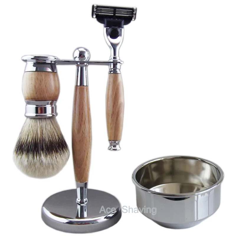 Набор для бритья из металла и дерева, набор для бритья с серебряным наконечником, щетка для волос барсука, бритвенный держатель, мыльница для бороды