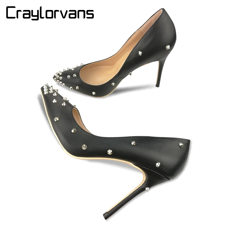 

Craylorvans 10/12cm Rivets Shoes Sexy Woman High Heels Black Matte Pointed Toe Women Shoes 2018 Fashion Wedding Party Shoes