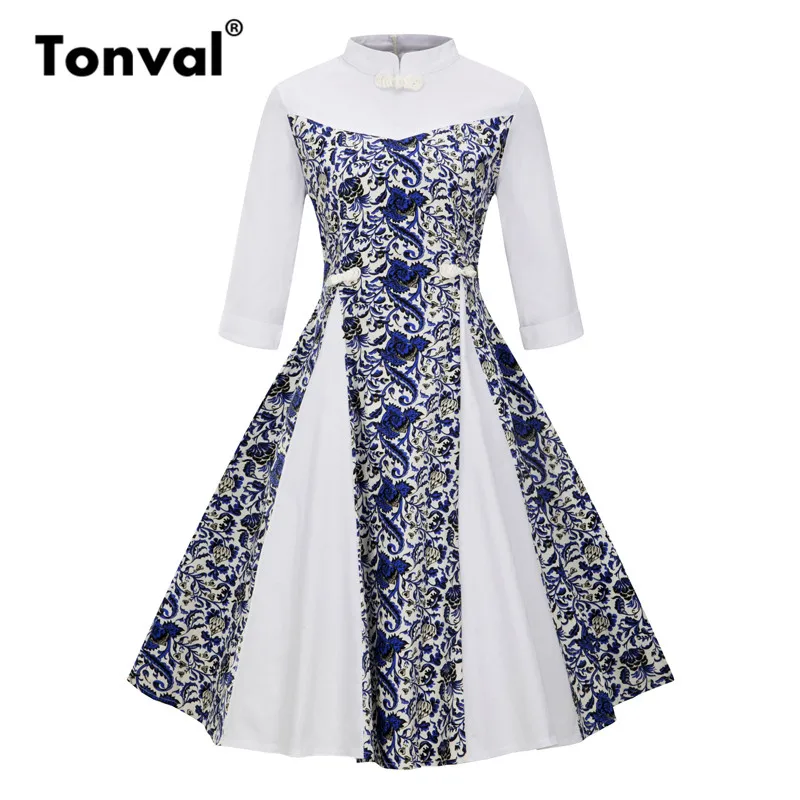 Tonval 4XL размера плюс стоячий воротник винтажное платье женские элегантные китайские лягушки пуговицы платья осень зима Цветочное платье