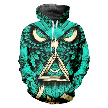 

Man Fashion Spandex Animal Pullover SweatshirtS 3D Full Printing Dark Green Owl Yellow Triangle Men's Hoodies Funny Clothes 5XL