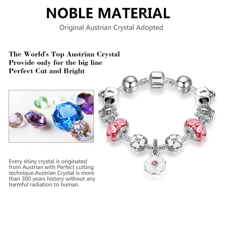 ELESHE Authentic Silver Color Snake Chain DIY Flower Charm Bracelet & Bangle Fashion Jewelry for Women Gift