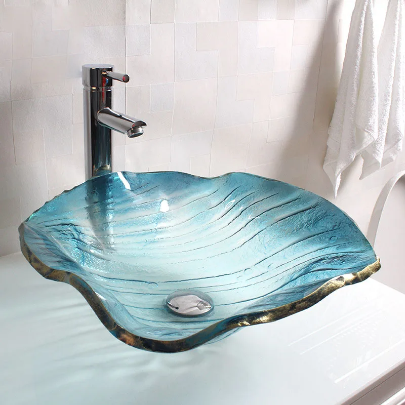 Умывальник из закаленного стекла для ванной комнаты, Синий Средиземноморский умывальник, индивидуально оформленный умывальник LO612549