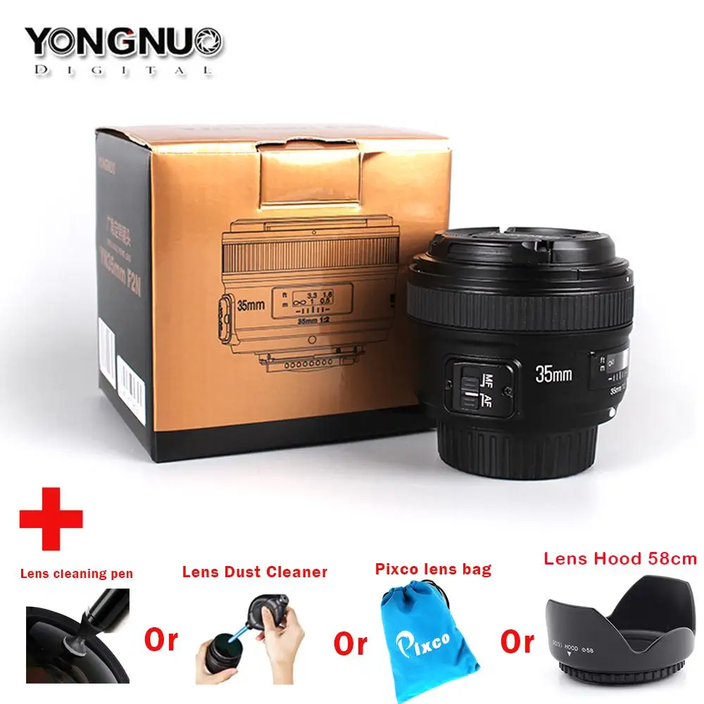 Yongnuo 35mm F2 F/2 1:2 Auto Focus Wide-Angle Prime Lens Suit For Nikon Camera Lens Cleaning Case Set Bag Cap 58mm Lens Hood