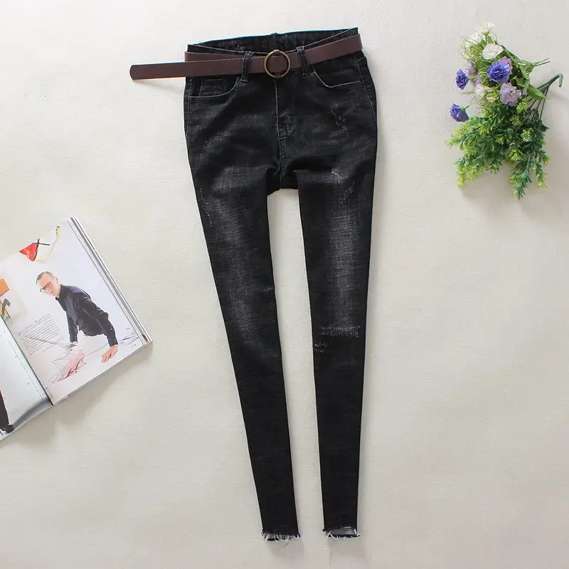 

2019 Jeans Womens Black Vintage High Waist Jeans 100% Cotton Pencil Pants Washed Bleached Skinny Full Length Denim Jeans 2126