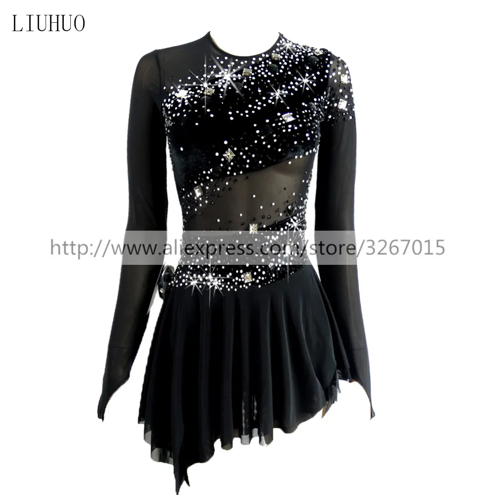 

Figure Skating Dress Women's Girls' Ice Skating Dress Competitive performance clothing Round neck long sleeve black Backless