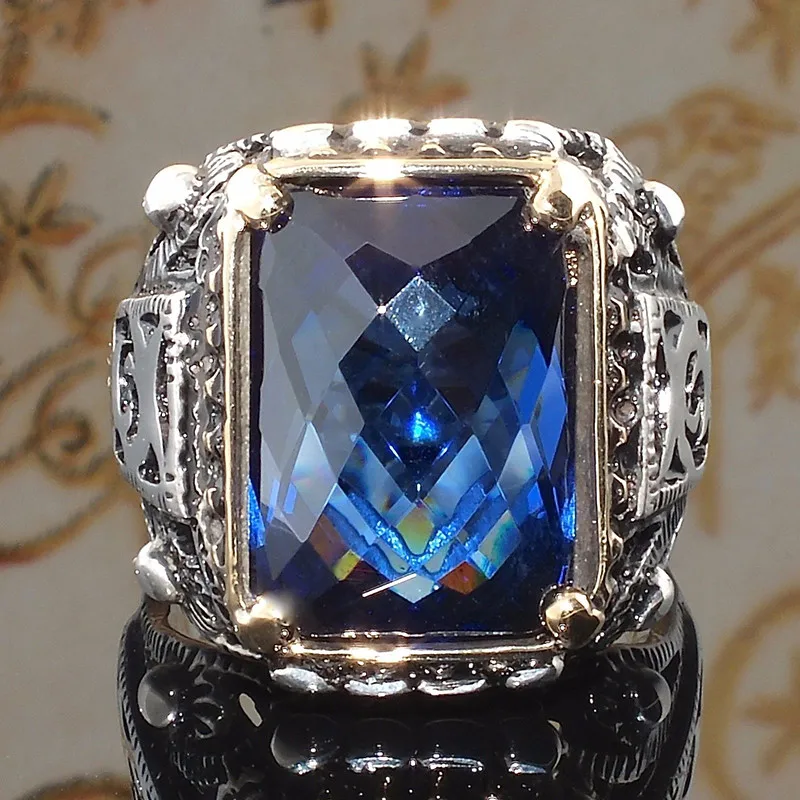 MDNEN New Large Dark Blue Stone Ring Square Silver For Women Wedding