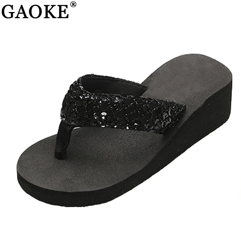 

New Ladies Womens Girls Sequin Flatform Wedge Flip Flops Shoes Beach Sandals Comfortable black