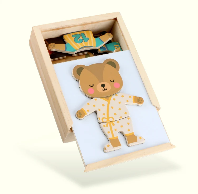 Magnetic Cartoon Bear Change Clothes Children Wooden Toy Puzzles Kids Educational Dress Changing Jigsaw Puzzle Toys For Children - Цвет: Белый