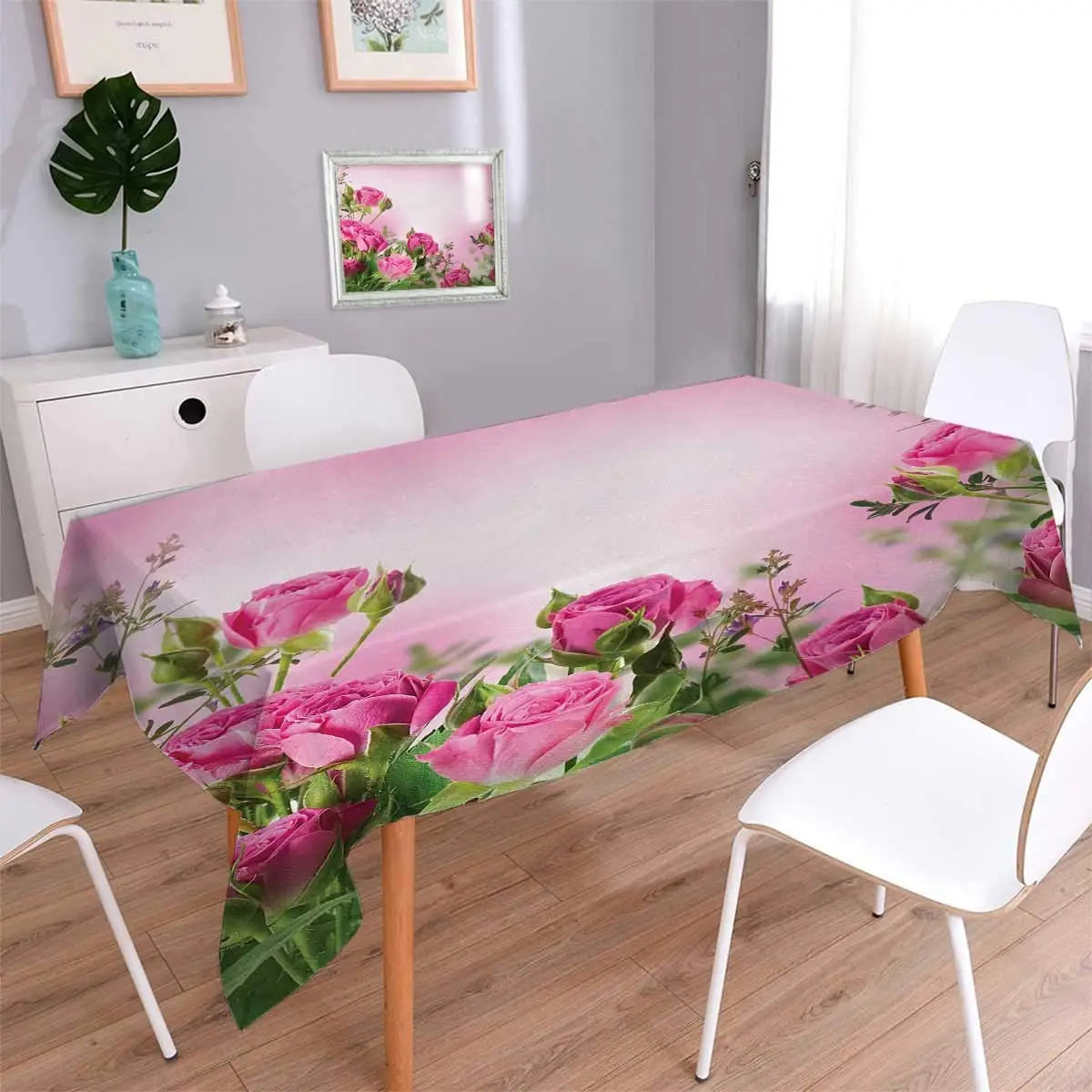 Square Washable Tablecloth Spring Season Time Roses with Leaves and