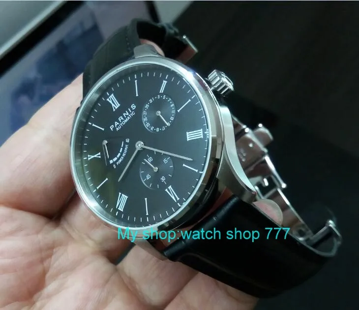 

PARNIS 40mm black dial Automatic Self-Wind movement power reserve men's watch Auto Date butterfly buckle Mechanical watch 353a