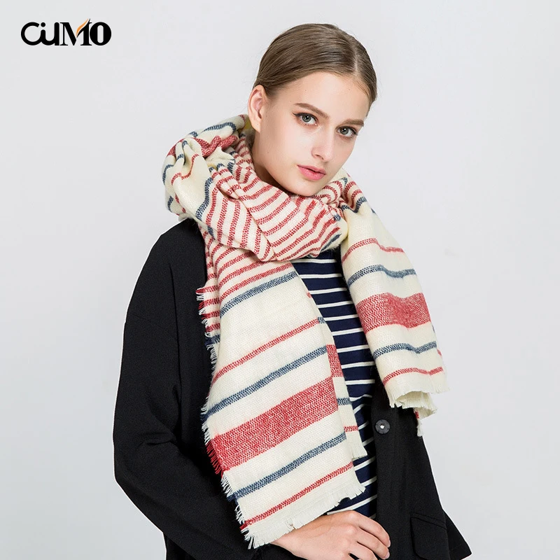 

Ou Mo brand Cashmere scarf womens Striped warm shawl Autumn new Windproof Long ladies scarf 195*90cm