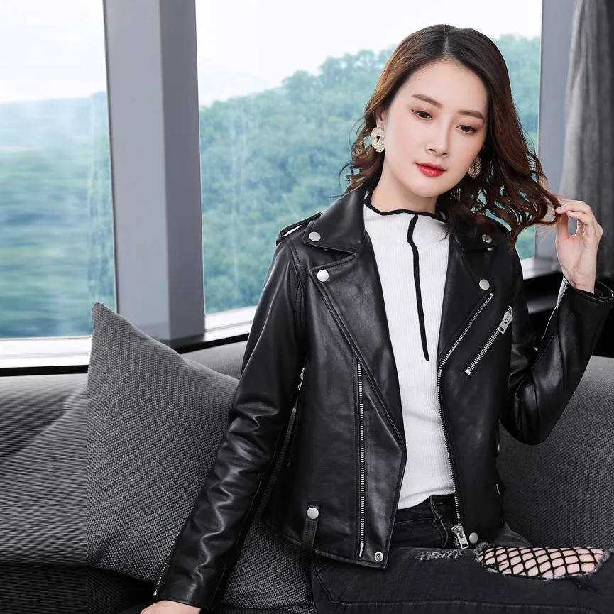 Texiwas Peau Biker Cuir Réel Court Véritable Printemps En Veste Femelle Bomber Manteau Mode Femmes De Survêtement Mouton Noir FSrwFqz