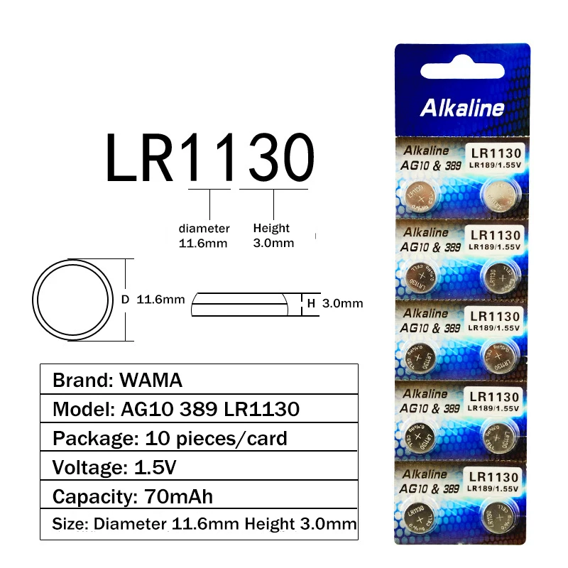 40x Wama AG10 1,55 V батарейки таблеточного типа 389 SR54 LR54 SR1130W Akaline батарея монетного типа для часов одноразового использования