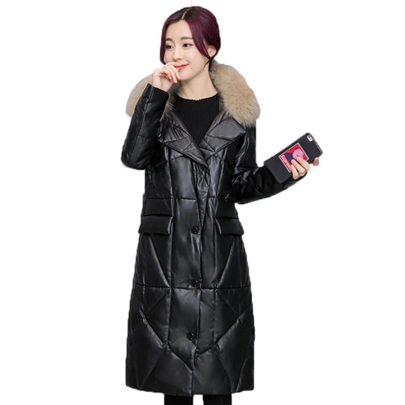 2018 Faux Leather Womens Down Jacket Hooded Fur Collar Winter Jacket