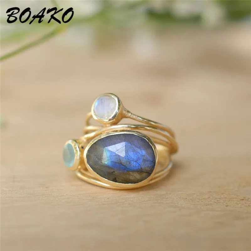 

BOAKO Boho Oval Moonstone Rings for Women Vintage Rainbow Natural Stone Ring Gold Color Zircon Crystal Ring Wedding Band Bague