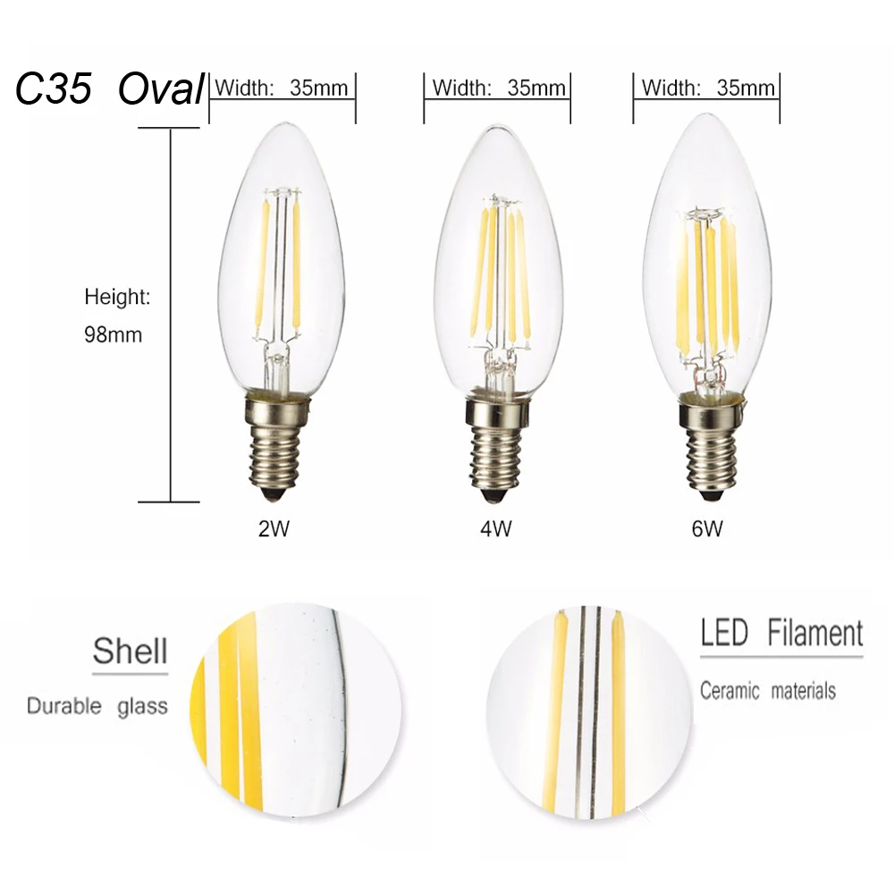 Удара E12 E14 E27 светодиодный свечки C35 свет 2 W/4 W/6 W теплый/холодный белый Ретро лампа