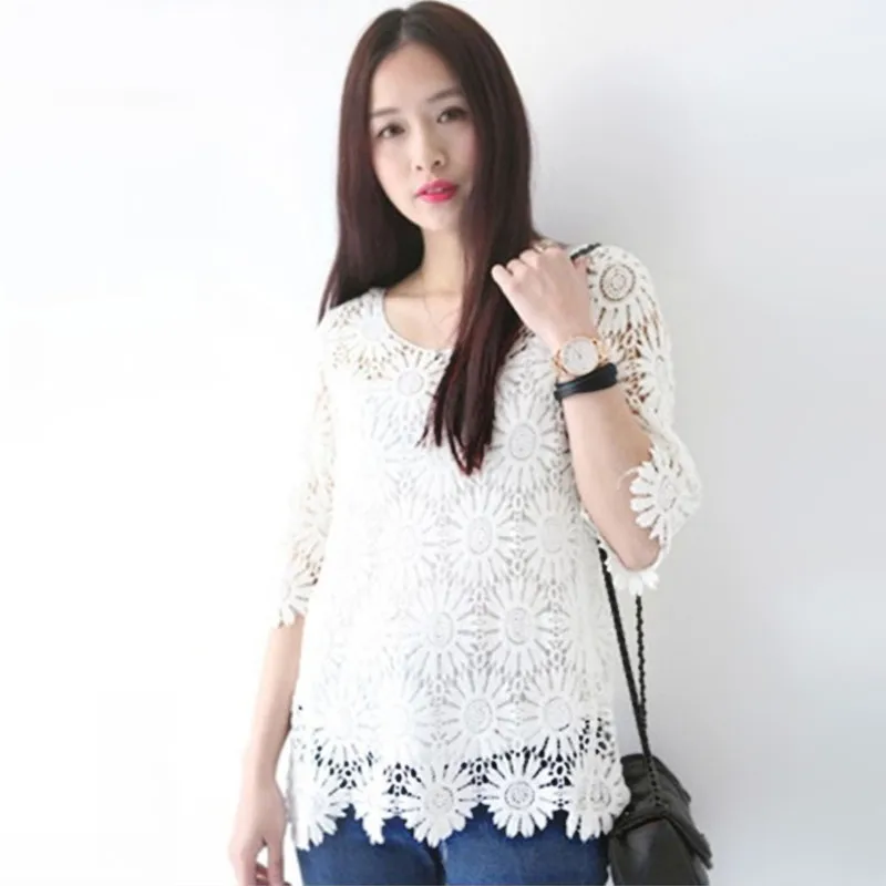 

2017 new fashion fresh female summer tops ladies hollow out flower crochet white lace blouses women beach cover up
