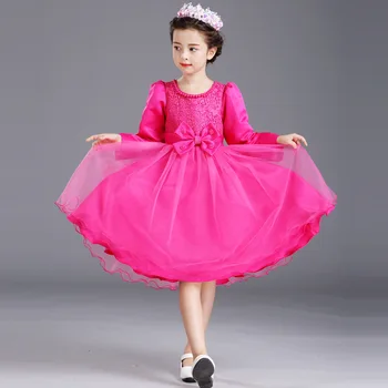 

Girls Upscale Child Autumn Princess Wedding Host Costume Piano Party Kids Dress Clothing Bow Mesh Rose Red