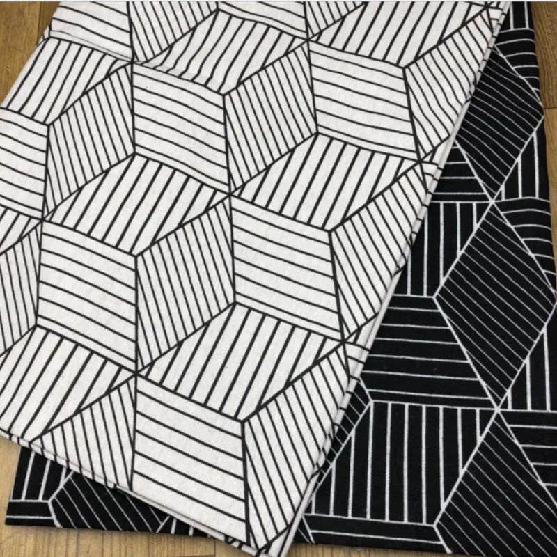 Buulqo 100*145cm black and white square cotton and linen fabric for DIY