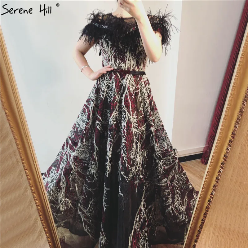 

Dubai Design Black Luxury Prom Dresses 2019 Luxury O-Nekc Feathers Crystal A-Line Prom Gowns Serene Hill BLA70060